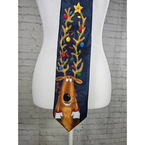 Vintage Hallmark Mens Christmas Tie Yule Tie Greetings Blue Reindeer Silk‎ - Picture 2 of 5